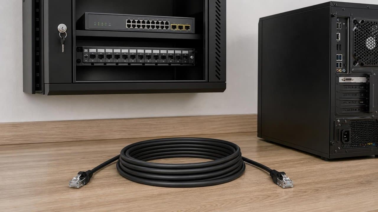 MTS-PATCH61000 — Cat 6 10 m en escritorio con PC y switch AMITOSAI