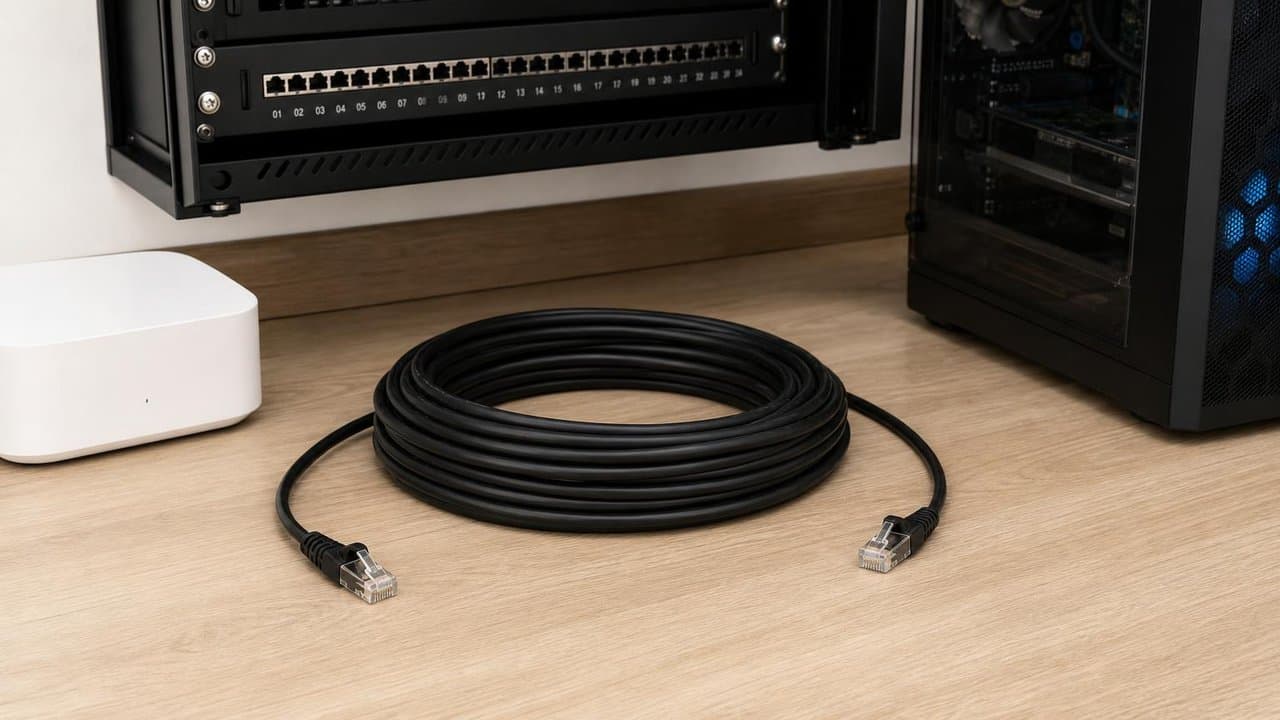 MTS-PATCH61500 — Cat 6 15 m en escritorio con router y PC