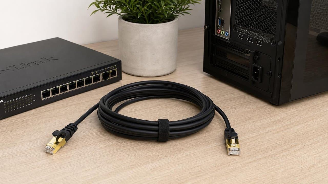 MTS-PATCH71500 — Cat 7 15 m en escritorio con router y PC