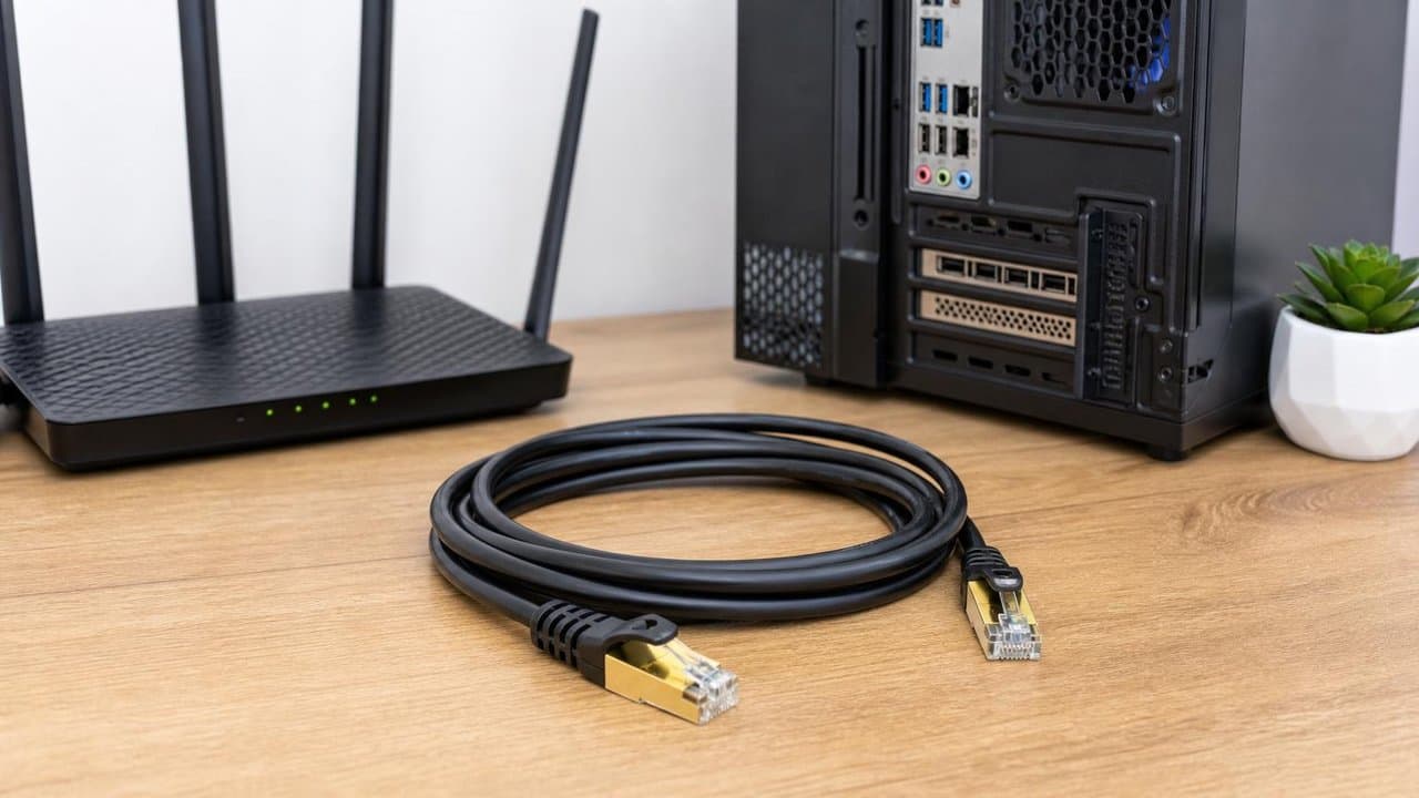 MTS-PATCH7500 — Cat 7 5 m en escritorio con notebook y router AMITOSAI