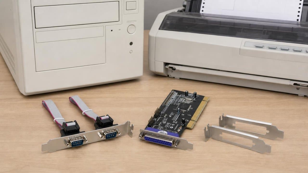 MTS-PCI2S1P — 2× DB9 RS-232 + 1× DB25 paralelo en uso