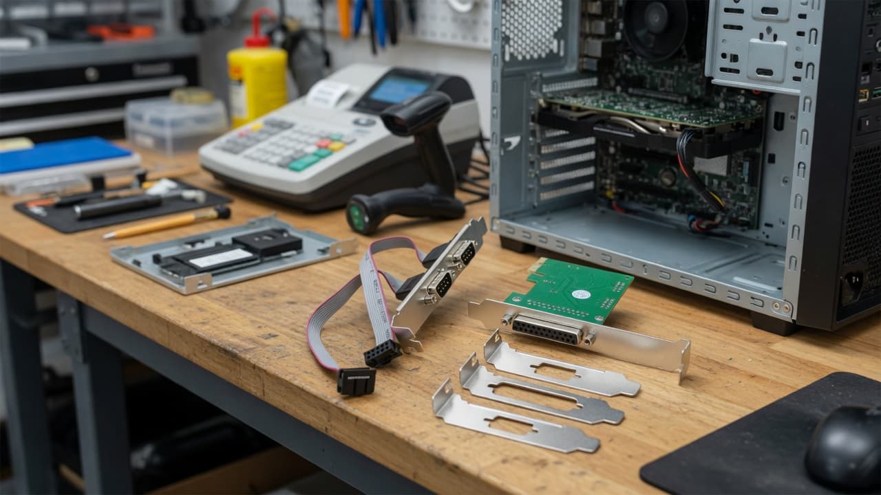 MTS-PCIE2S1P — 2× DB9 + 1× DB25 en uso