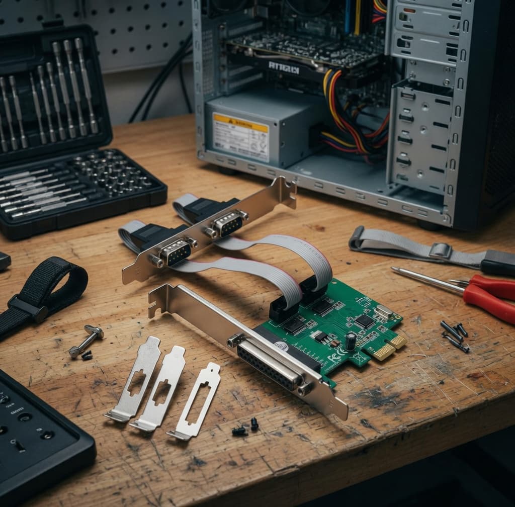 MTS-PCIE2S1P382L — 2× DB9 + 1× DB25 en uso
