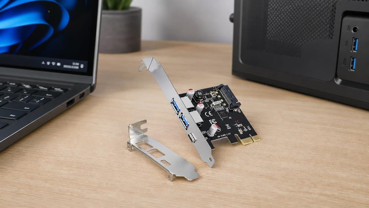 MTS-PCIEUSBC en escritorio — 2× USB 3.0 + USB-C