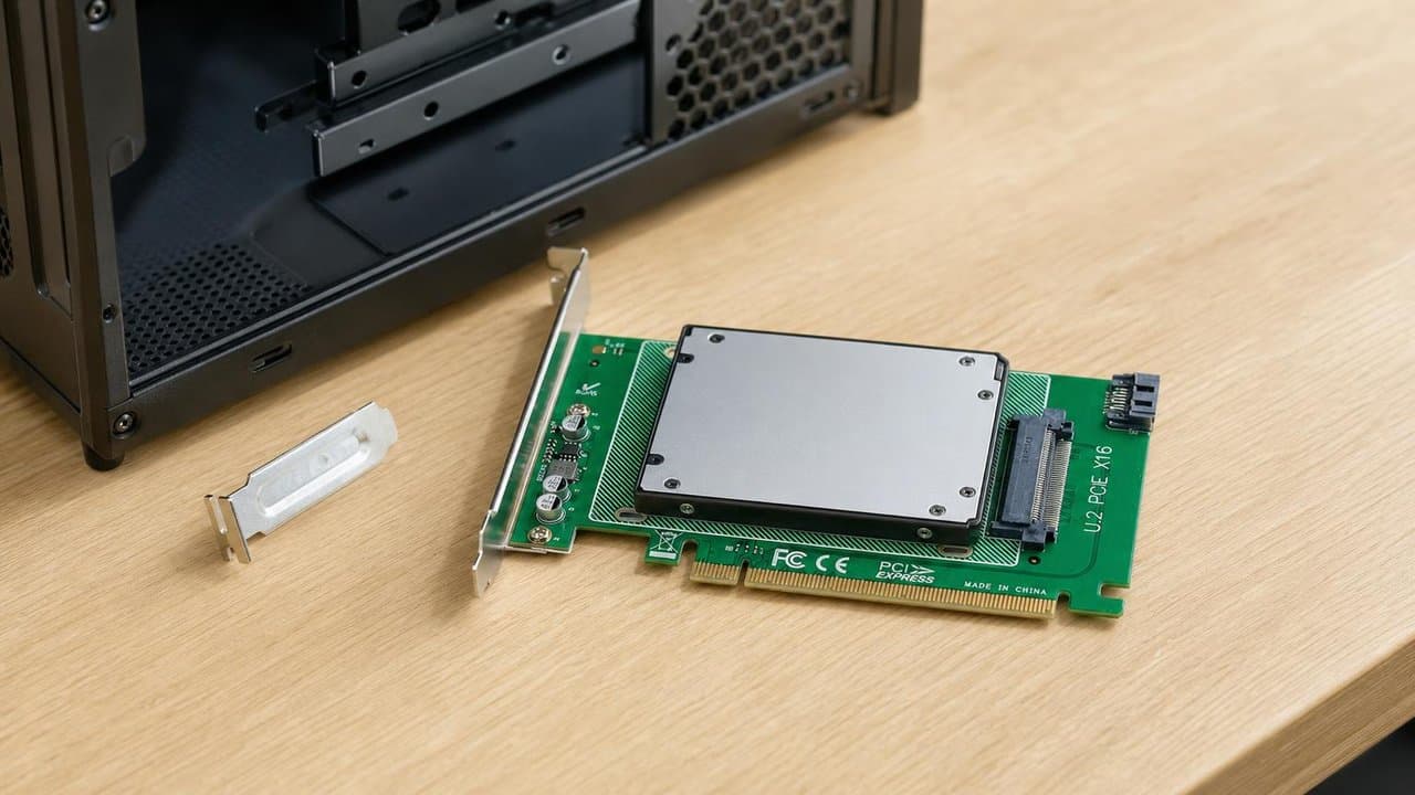 MTS-PCIEX16U2 con SSD U.2 montado — workstation PCIe x16
