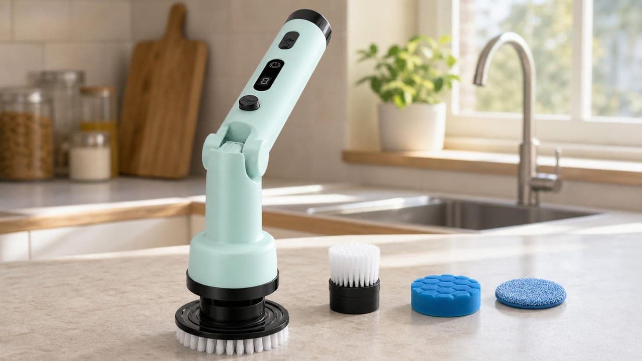 Cepillo rotatorio AMITOSAI MTS-POWERBRUSHPRO verde menta sobre la mesada de la cocina, con tres accesorios