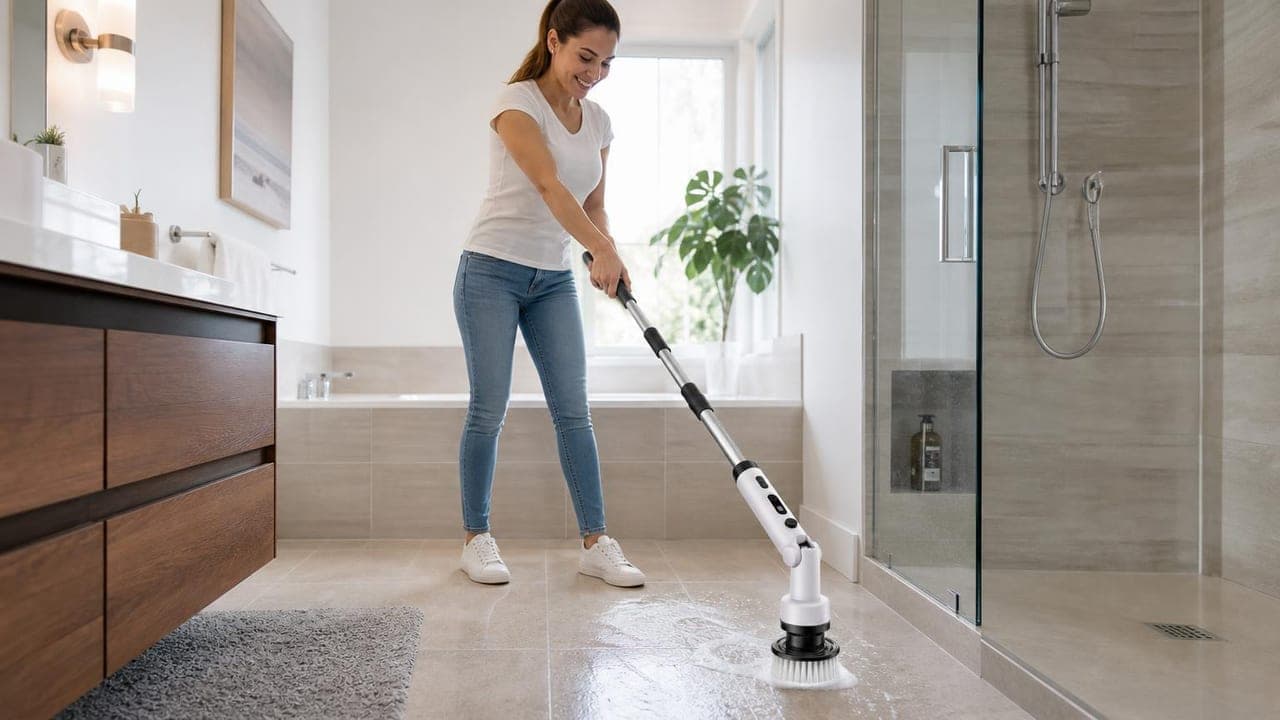 Mujer limpiando el piso del baño con el cepillo rotatorio AMITOSAI MTS-POWERBRUSHPRO blanco y el mango extendido