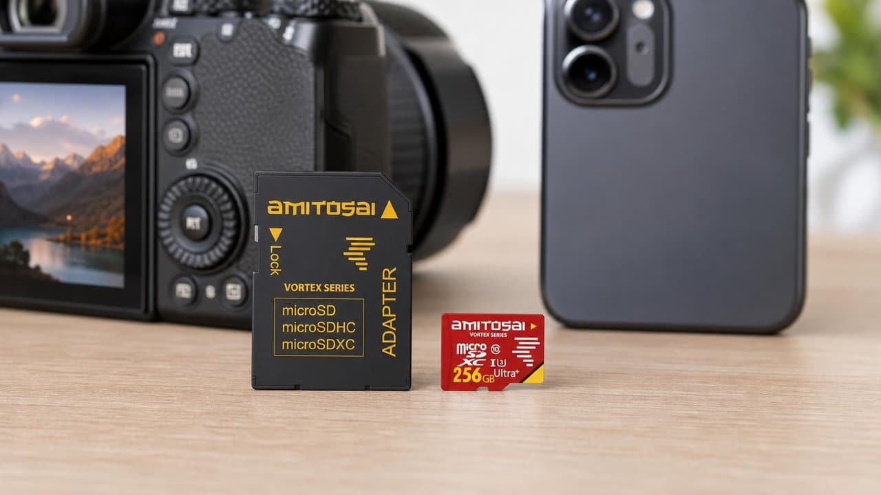MTS-ROCKET256GB microSD 256GB U3 y adaptador en escritorio de foto