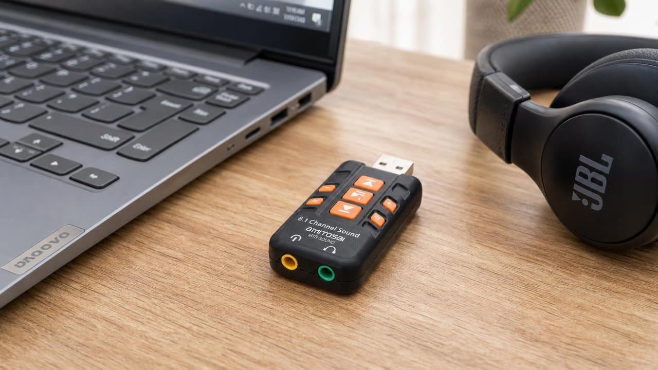 MTS-SOUND en escritorio con notebook y auriculares — placa USB AMITOSAI