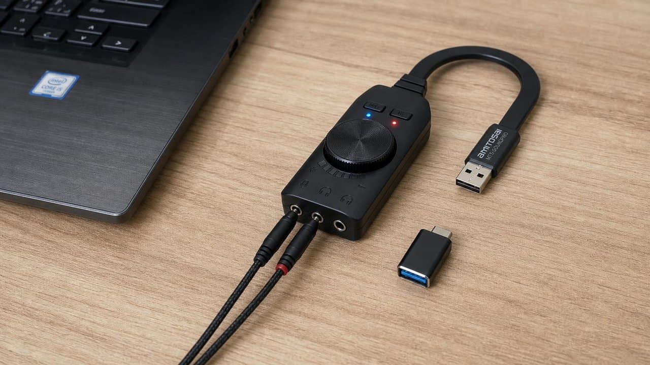 MTS-SOUNDPRO en escritorio — headset USB y control de volumen
