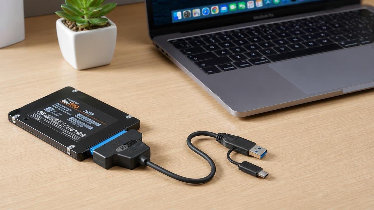 MTS-UC3SATA conectado a SSD 2,5" junto a notebook — rescate y backup