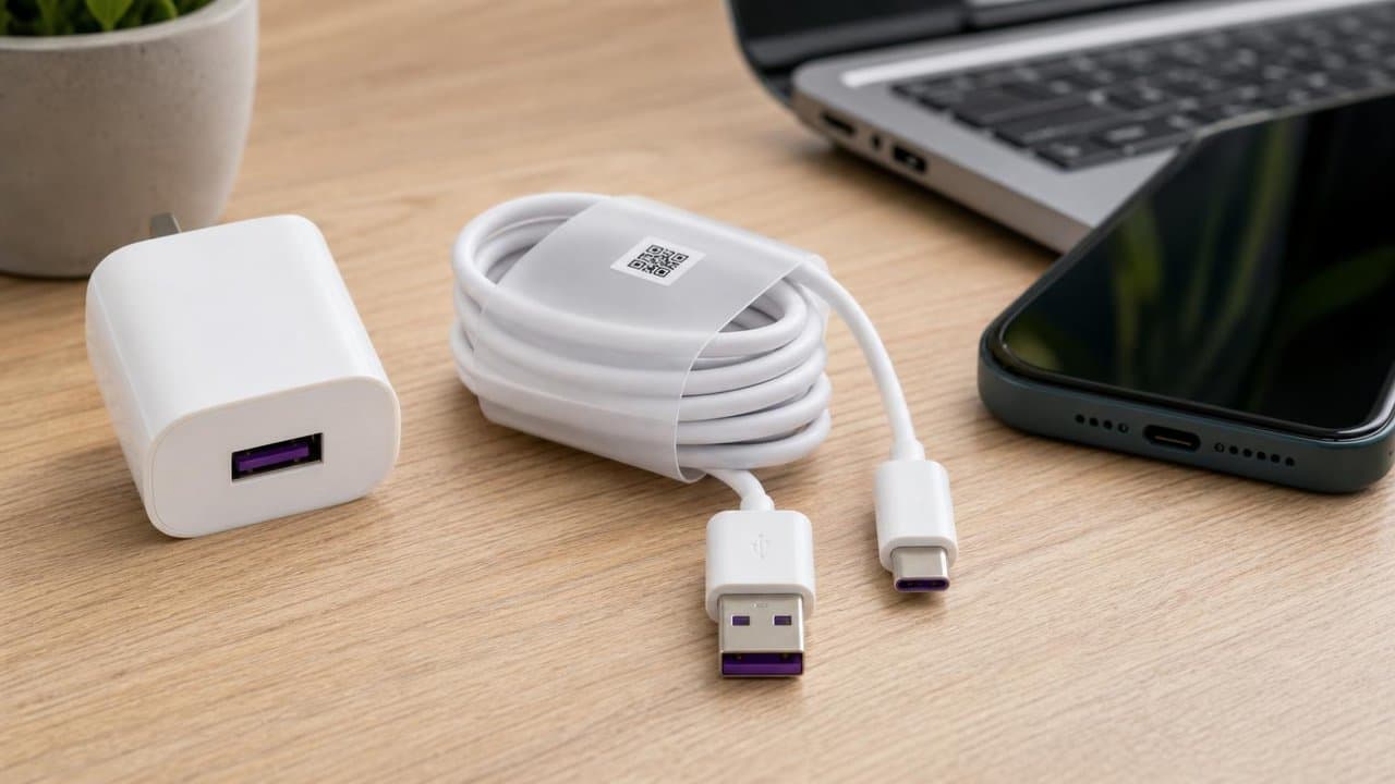 MTS-USBC5A en escritorio — celular y cable USB-A a USB-C