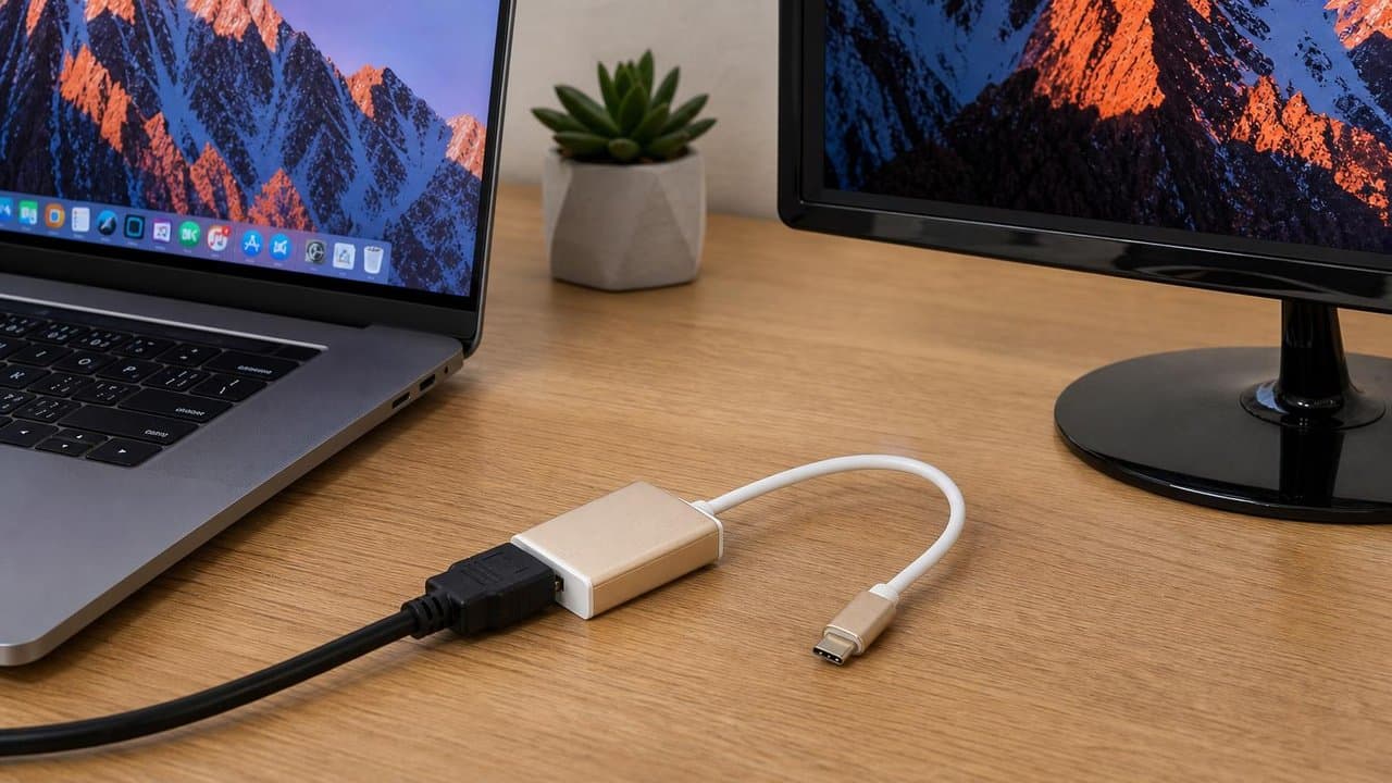 MTS-USBCHDMI en escritorio — USB-C a HDMI en notebook y monitor