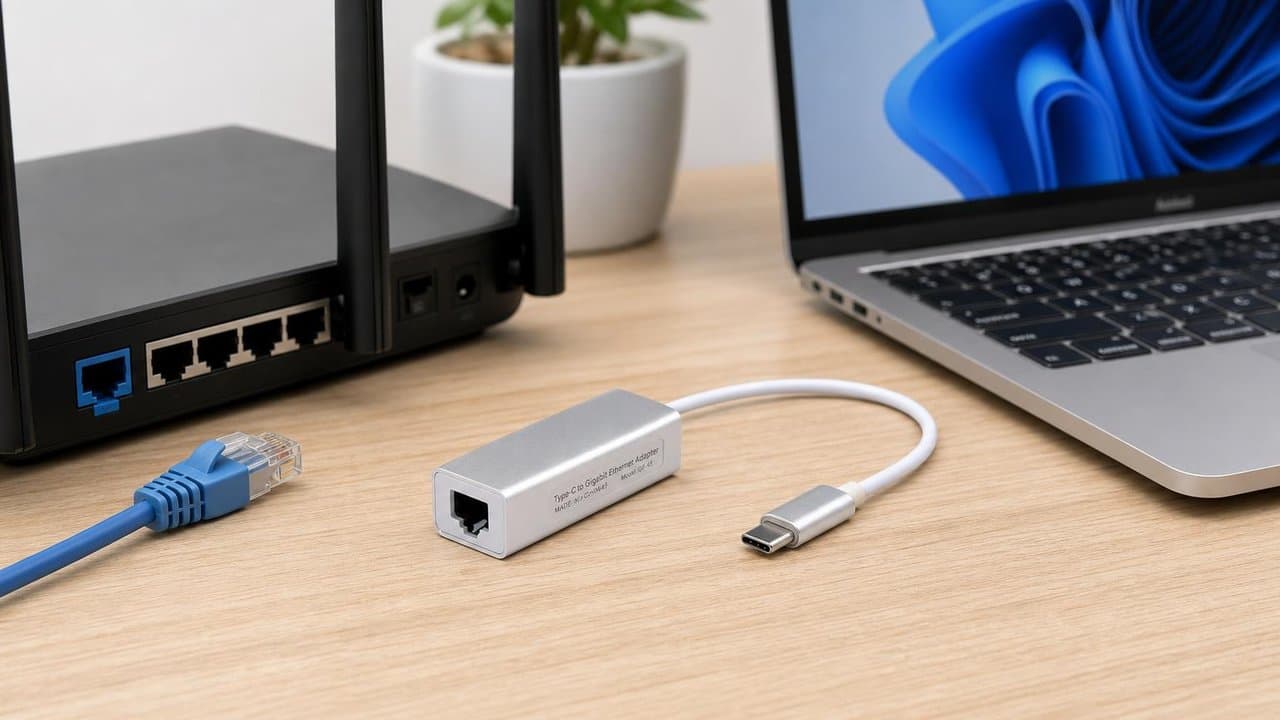 MTS-USBCLANAL en escritorio — USB-C a LAN Gigabit aluminio