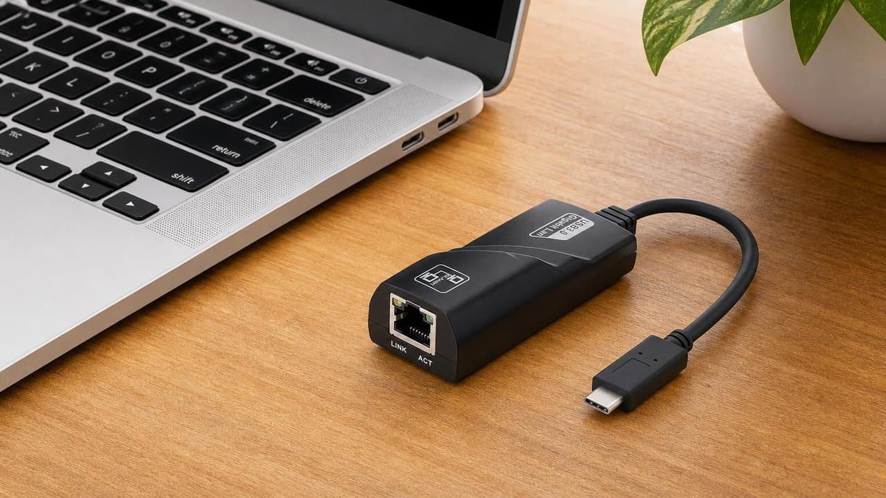 MTS-USBCLANGIGA en escritorio — USB-C a LAN Gigabit con notebook