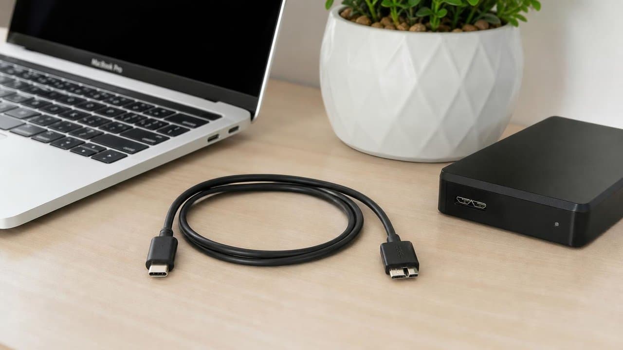 MTS-USBCMICRO3 en escritorio — USB-C a disco externo Micro-USB 3.0