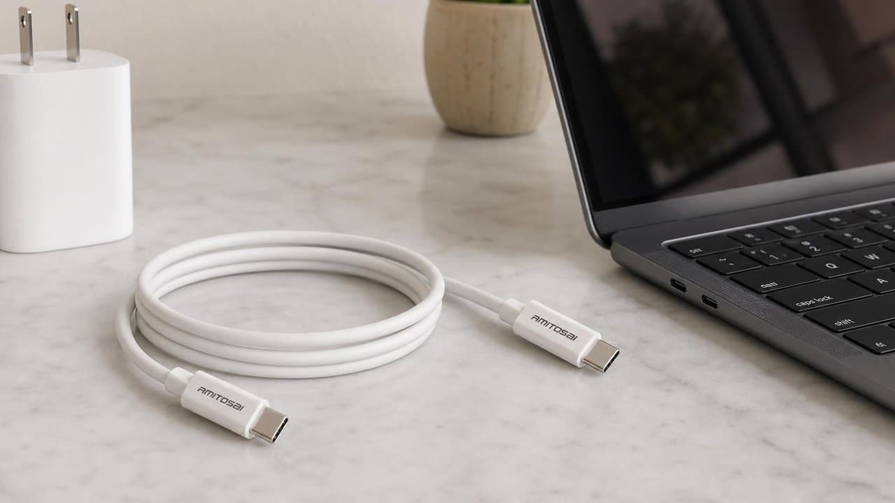MTS-USBCPD1M en escritorio — USB-C a USB-C cargando celular y notebook