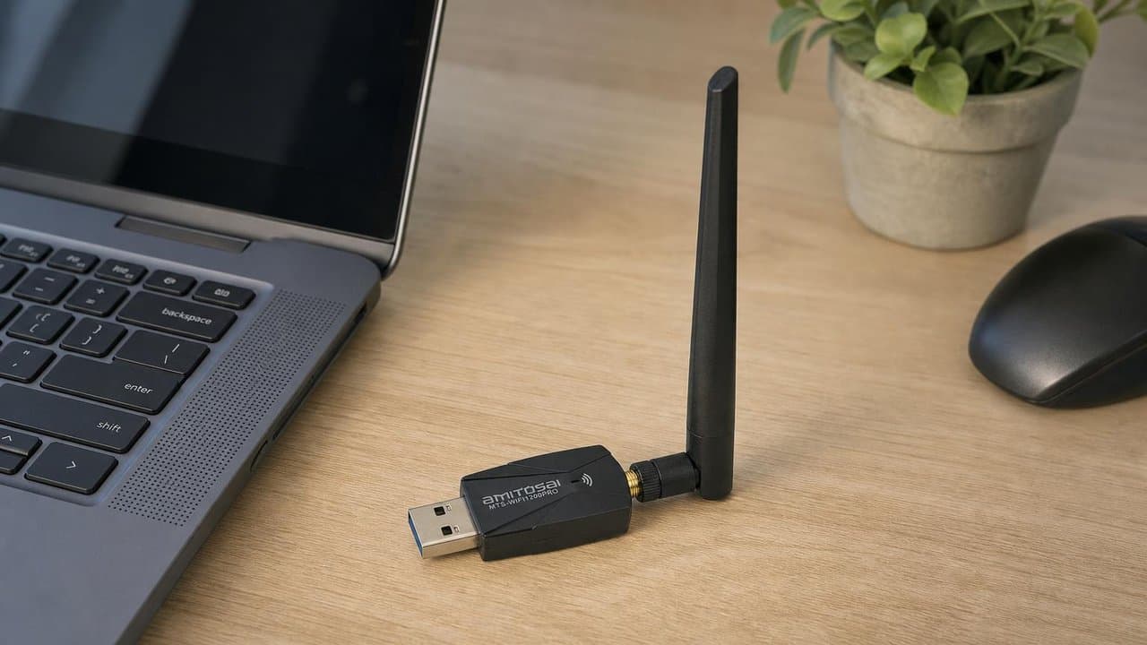 MTS-WIFI1200PRO en uso — adaptador WiFi USB AMITOSAI