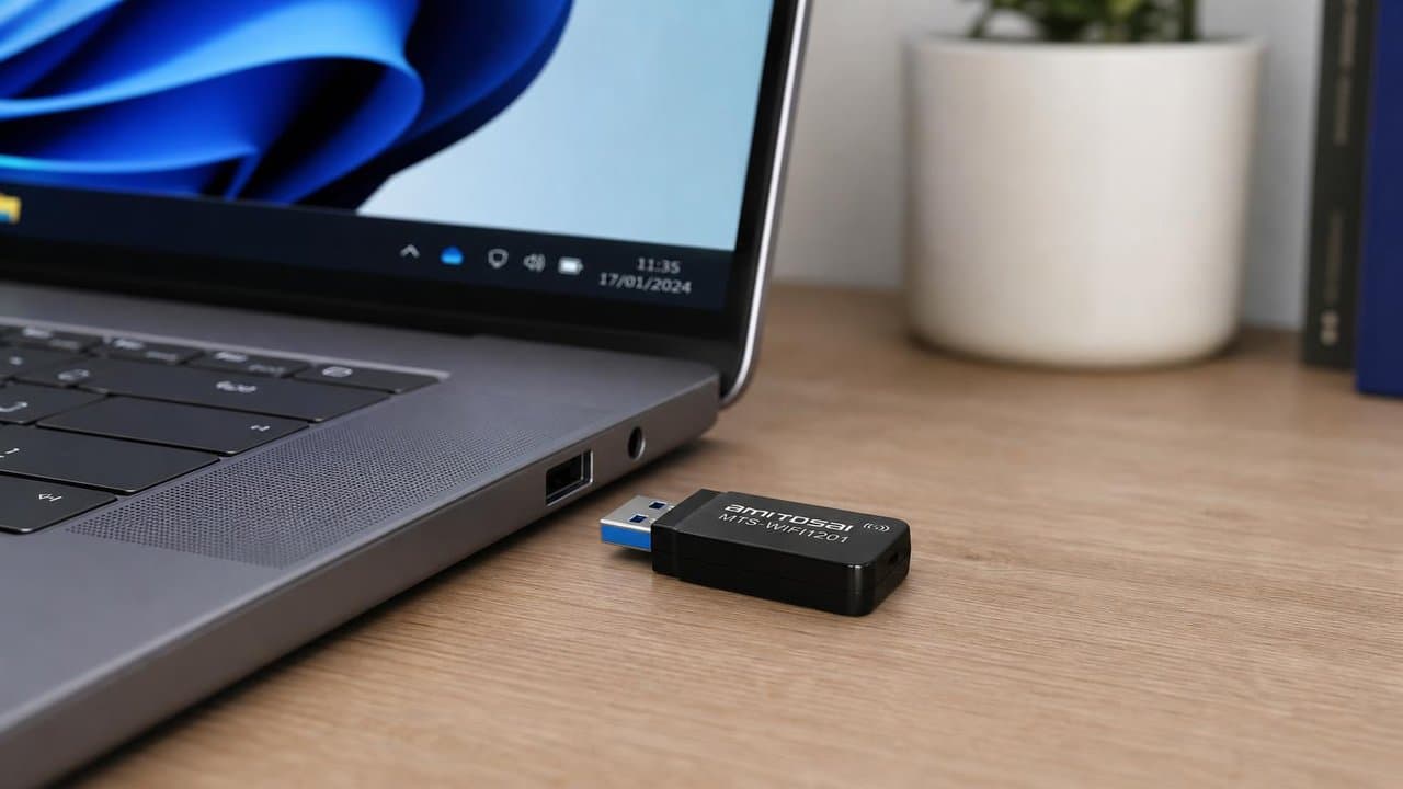 MTS-WIFI1201 en uso — adaptador WiFi USB AMITOSAI