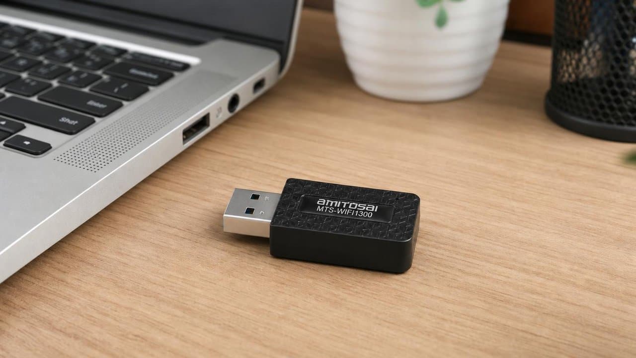 MTS-WIFI1300 en uso — adaptador WiFi USB AMITOSAI