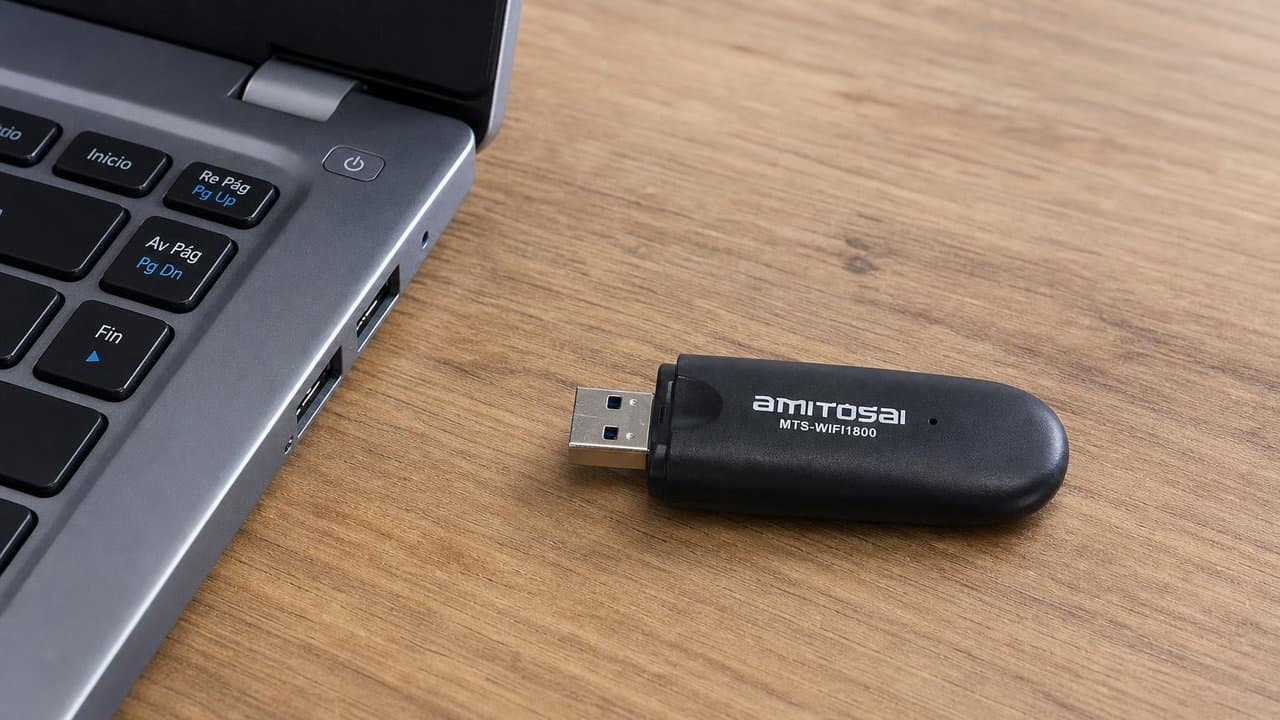 MTS-WIFI1800 en uso — adaptador WiFi USB AMITOSAI