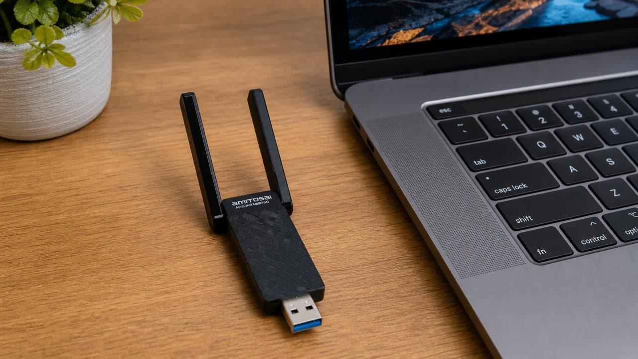 MTS-WIFI1800PRO en escritorio — WiFi 6 USB con doble antena junto a notebook
