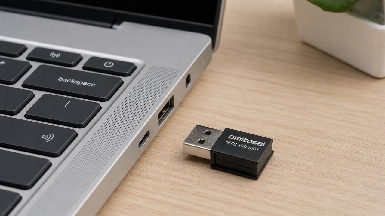 MTS-WIFI601 en uso — adaptador WiFi USB AMITOSAI