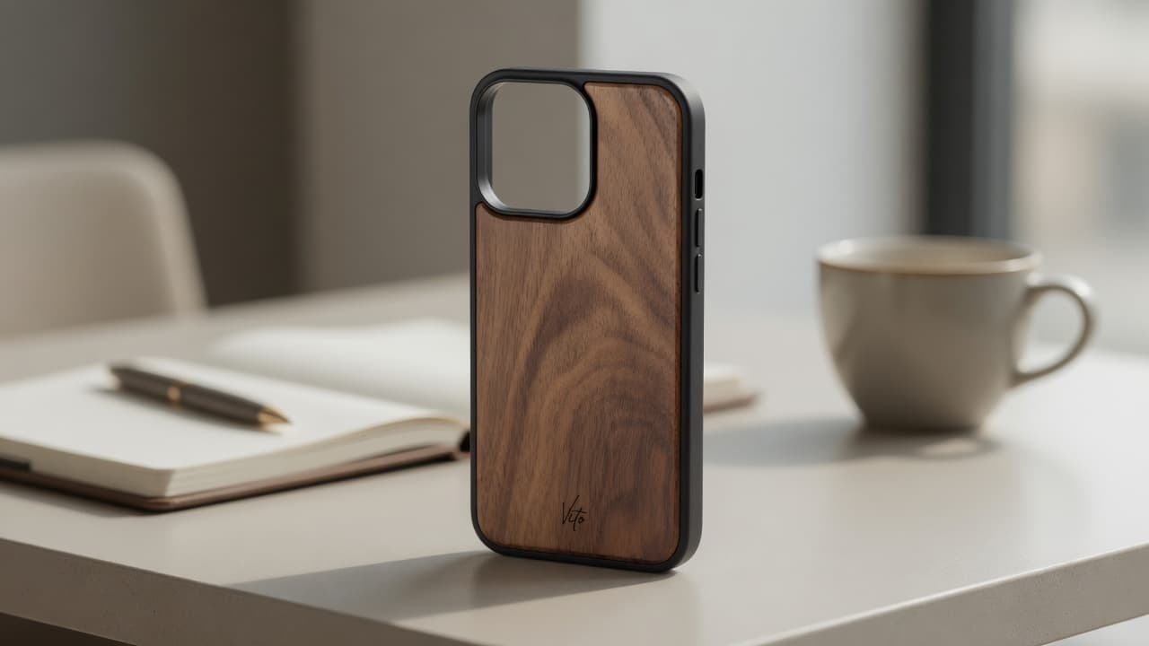 VITO-I14 Walnut — funda madera natural en el escritorio