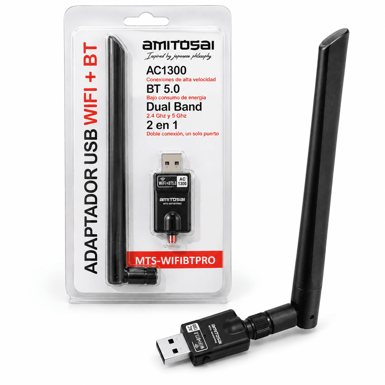 Adaptador WiFi 1300 Mbps + Bluetooth 5.0 antena AMITOSAI MTS-WIFIBTPRO