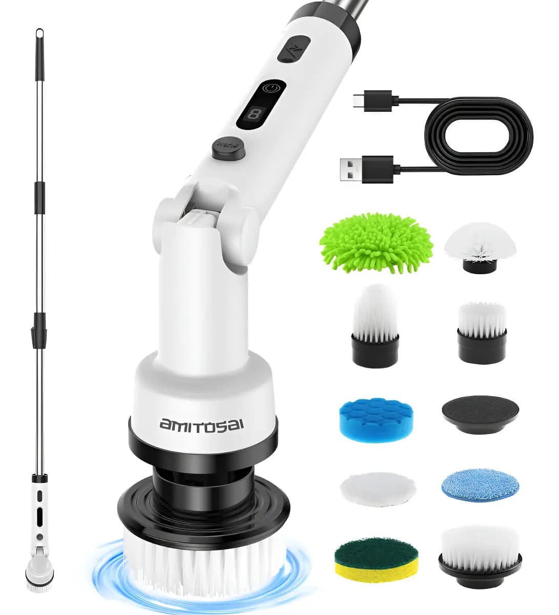 MTS-POWERBRUSHPRO Blanco con mango extensible, cable USB-C y 10 accesorios