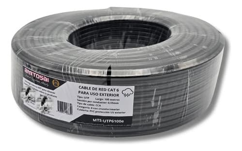 MTS-UTP6100E — rollo Cat 6 exterior CCA 100 m con etiqueta AMITOSAI