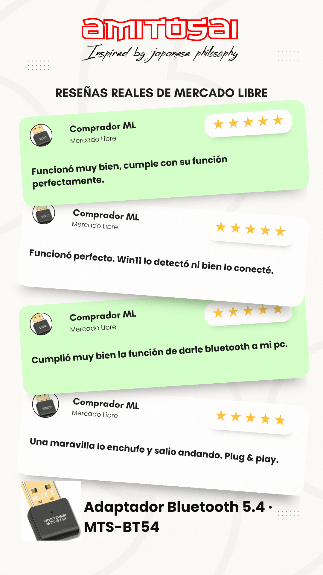 Opiniones de clientes sobre Adaptador USB Bluetooth 5.4 compacto AMITOSAI MTS-BT54