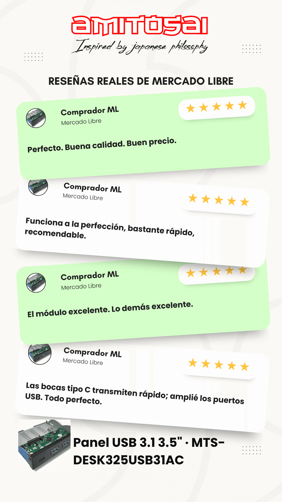 Opiniones de clientes sobre Panel USB 3.5" 2×USB-A 3.1 + 2×USB-C AMITOSAI MTS-DESK325USB31AC